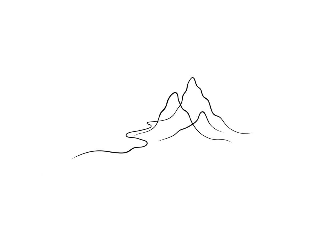 A minimal line drawing of overlapping mountain peaks and a winding river